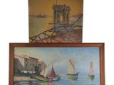 two paintings of boats on a body of water next to a building