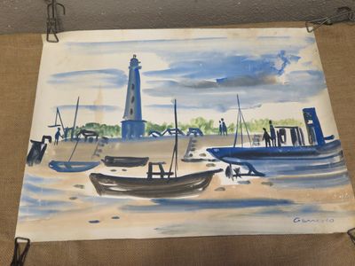 a picture of a painting of boats in the water