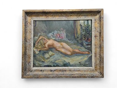 an oil painting of a naked woman laying on a bed
