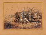 a painting of a group of men riding horses