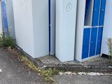 a row of blue and white toilets on the side of the street