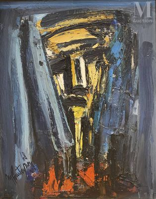 une peinture abstraite représentant un lampadaire dans une pièce sombre