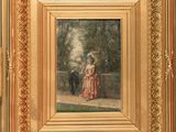 une image représentant un tableau où l'on voit une femme et un chien dans un parc