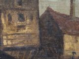 painting of a village scene with a horse drawn carriage in the foreground
