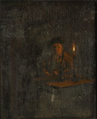 une image représentant un tableau où l'on voit un homme assis à une table, une bougie à la main