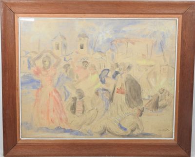 une image d'un tableau représentant un groupe de personnes sur une plage