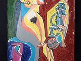 un tableau représentant une femme tenant un vase posé sur une table