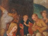 une image représentant une peinture d'une crèche avec des anges