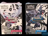 two boxes of pokemon trading cards are shown on a black background