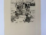 un dessin en noir et blanc représentant un groupe de personnes sur une plage