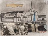 a picture of a drawing of a city with a blue flag