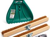 a green broom and brush set with cleaning supplies on a white background