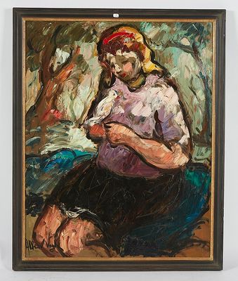 une peinture à l'huile représentant une femme tenant un bébé dans ses bras