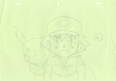 dessin représentant un garçon portant une casquette Pokémon et tenant un Pokémon Pikachu