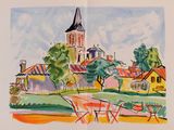 painting of a village with a clock tower in the middle of it