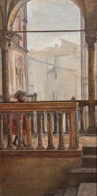 painting of a man standing on a balcony in front of a building