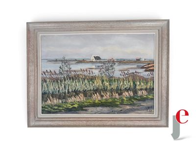 peinture représentant un paysage avec une rivière et une maison au loin