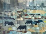 a painting of cows in a field with a sky background
