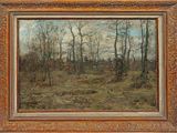 une peinture à l'huile représentant un paysage boisé avec des arbres au premier plan