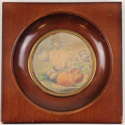 painting of peachs in a wooden frame on a white background