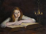 une peinture à l'huile représentant une femme assise à une table, un livre ouvert devant elle