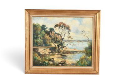 une peinture à l'huile représentant un paysage avec un arbre et un plan d'eau