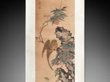 a painting of a bird perched on a tree branch with flowers