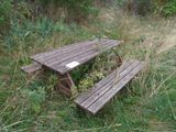 a wooden picnic table in the middle of a grassy area