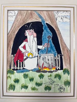 tableau représentant un homme et une femme en train de cuisiner devant un arbre