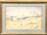 a picture of a painting of a beach hut in the sand