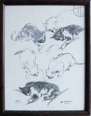 dessin représentant un groupe de chats jouant ensemble, dans un cadre en bois