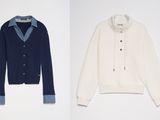 two sweaters and a cardigan sweater hanging on a wall