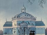un tableau représentant deux personnes tenant des parapluies devant un immeuble