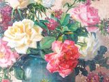 a painting of flowers in a vase on a table