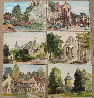 quatre aquarelles représentant des bâtiments et une fontaine au milieu d'un parc
