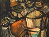 painting of a painting of a vase filled with fruit and vegetables