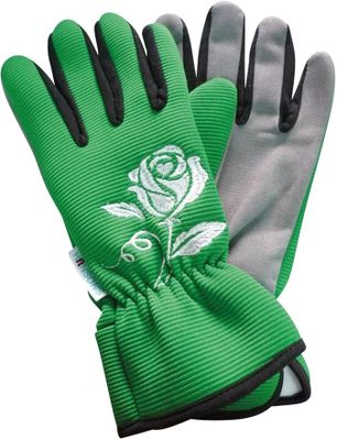une paire de gants de jardinage verts ornés de roses blanches