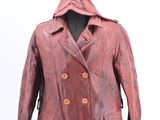 leather coat with hood on mannequin stand on white background