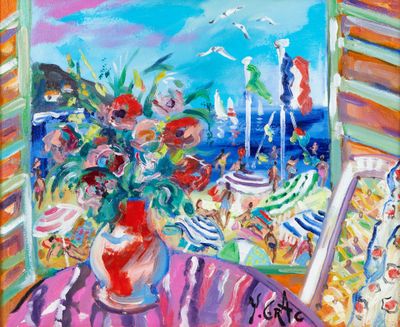 une peinture de fleurs dans un vase sur une table