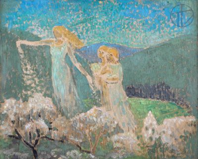 painting of three women in a field with a sky background