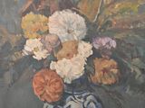 a painting of flowers in a blue vase on a table