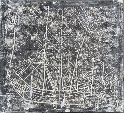 an image of a black and white photo of a boat in the water