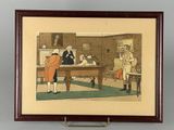 tableau encadré représentant une famille jouant au billard dans un salon