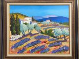 a painting of a landscape with lavender fields and a church in the distance