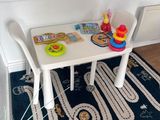 a small table with a toy train set on it