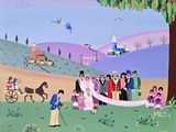un tableau représentant un groupe de personnes debout dans un champ