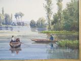 painting of two people in small boats on a river with trees in the background