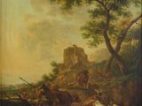 tableau représentant un paysage avec du bétail et un château en arrière-plan