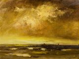 une image représentant un tableau où l'on voit un ciel jaune au-dessus d'une étendue d'eau