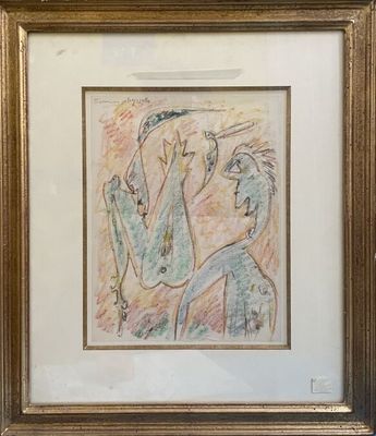 tableau représentant un homme et une femme tenant un oiseau dans leurs mains
